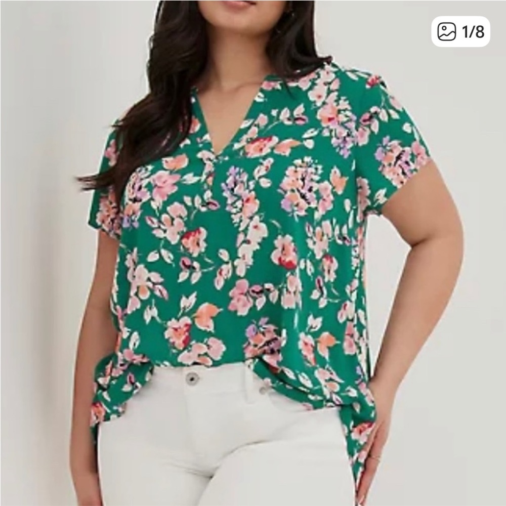 Torrid Green Floral Georgette Split Front Blouse Plus Size Boho Flowy Top‎ 1X
